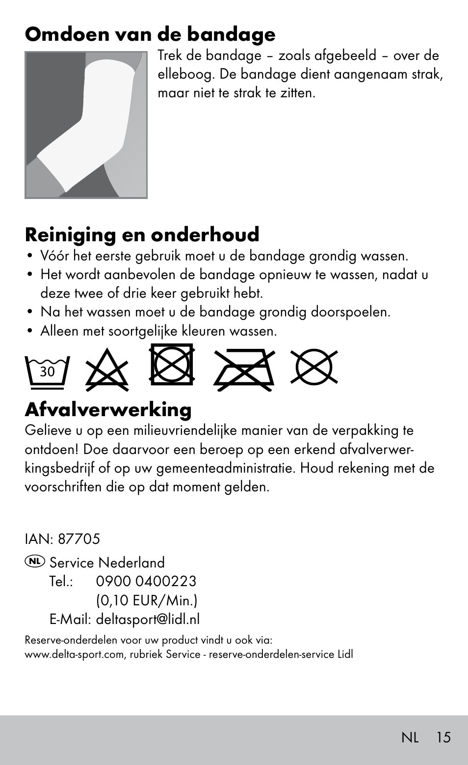 Omdoen van de bandage, Reiniging en onderhoud, Afvalverwerking | Sensiplast Elbow support bandage User Manual | Page 15 / 20