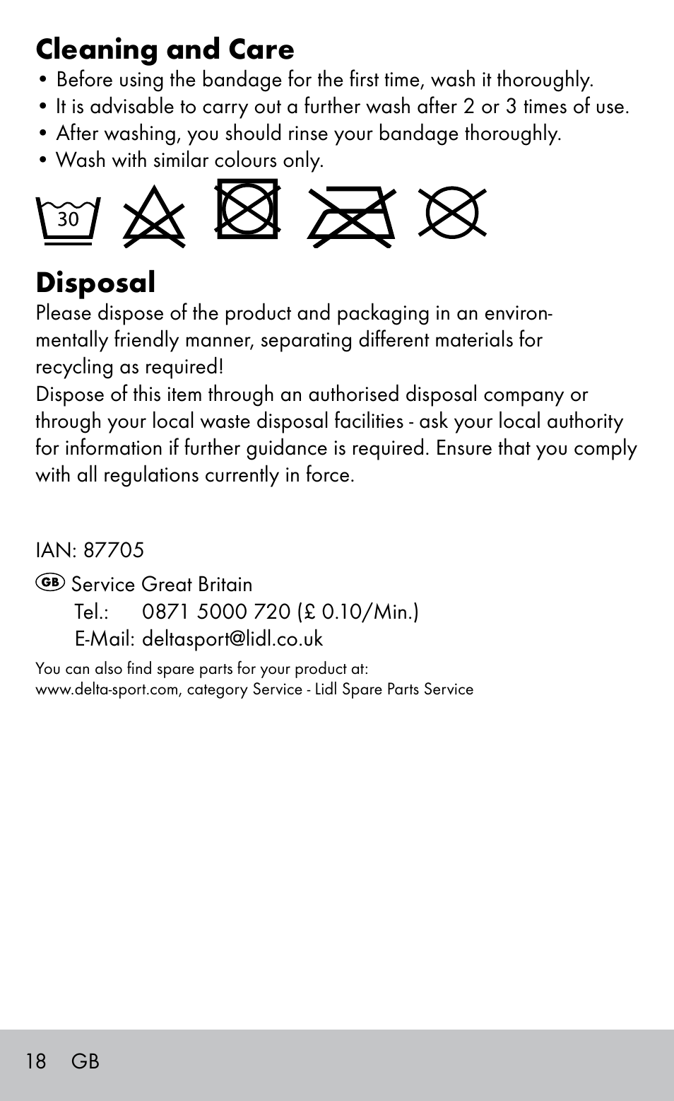 Cleaning and care, Disposal | Sensiplast Elbow support bandage User Manual | Page 18 / 20