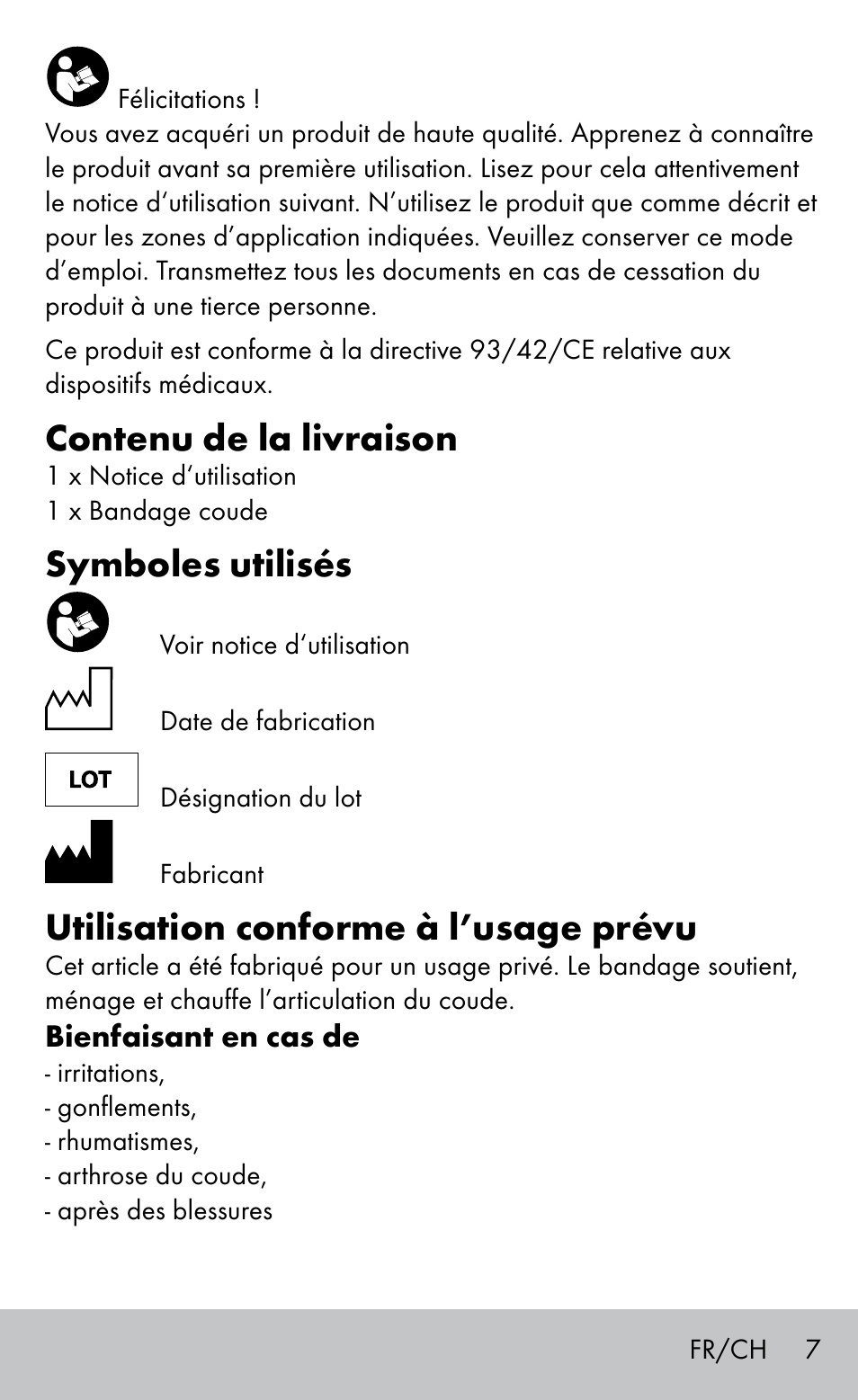 Contenu de la livraison, Symboles utilisés, Utilisation conforme à l’usage prévu | Sensiplast Elbow support bandage User Manual | Page 7 / 20
