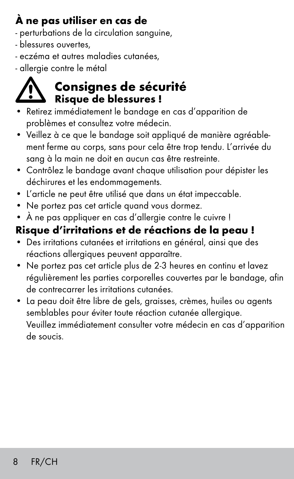 Consignes de sécurité | Sensiplast Elbow support bandage User Manual | Page 8 / 20