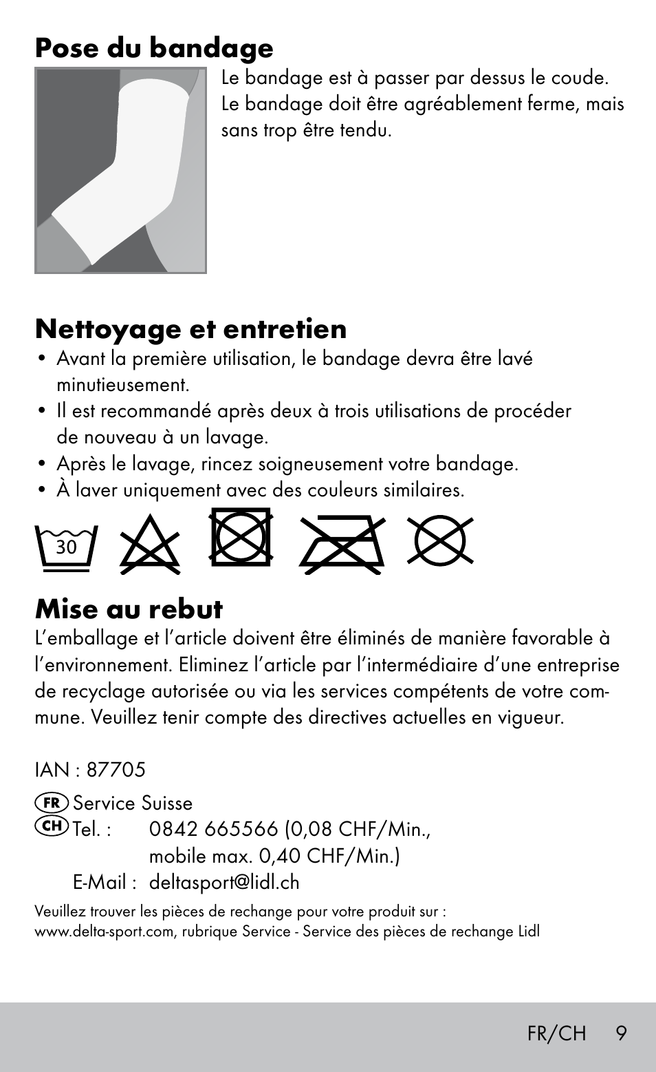 Pose du bandage, Nettoyage et entretien, Mise au rebut | Sensiplast Elbow support bandage User Manual | Page 9 / 20