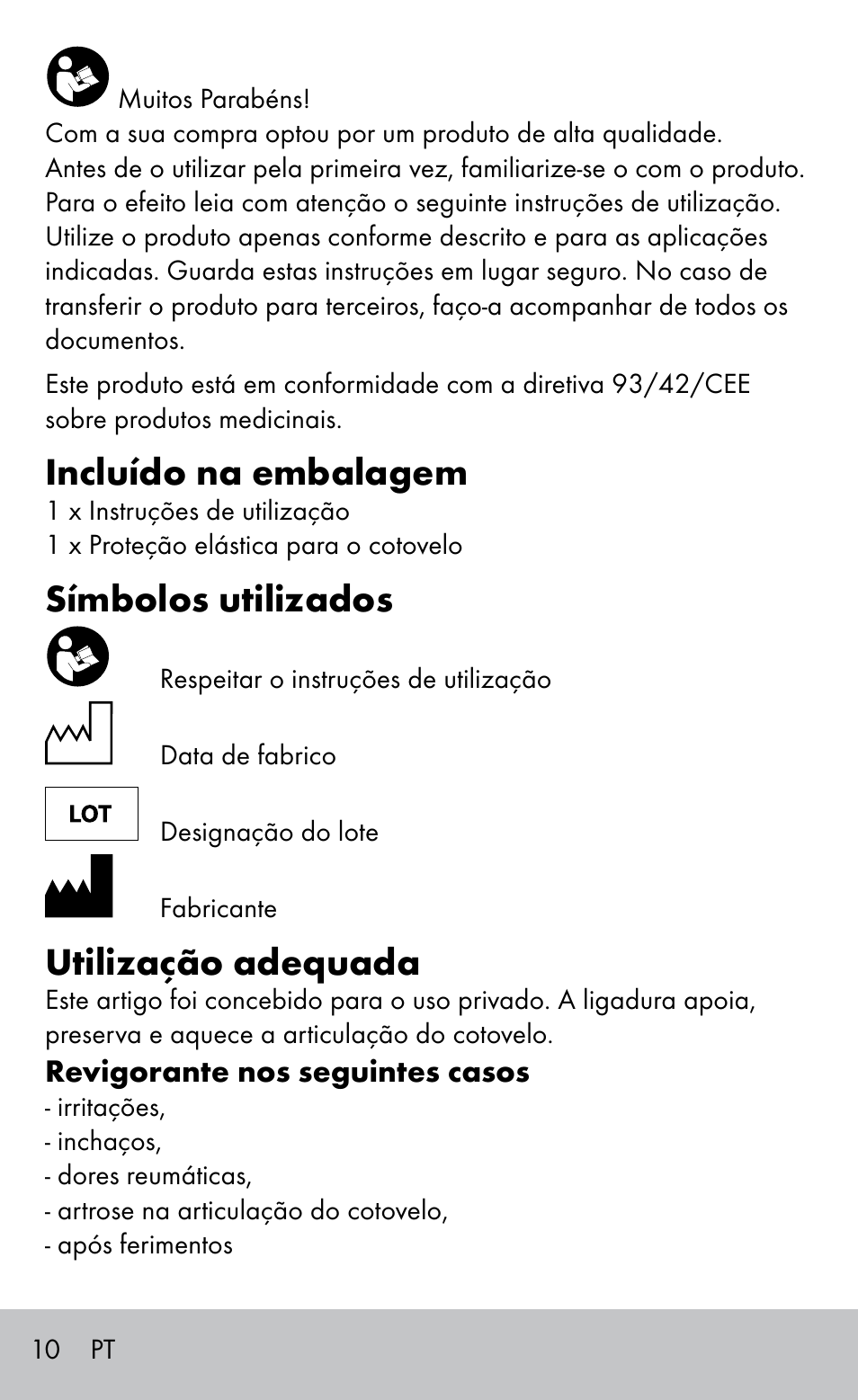 Incluído na embalagem, Símbolos utilizados, Utilização adequada | Sensiplast Elbow support bandage User Manual | Page 10 / 20