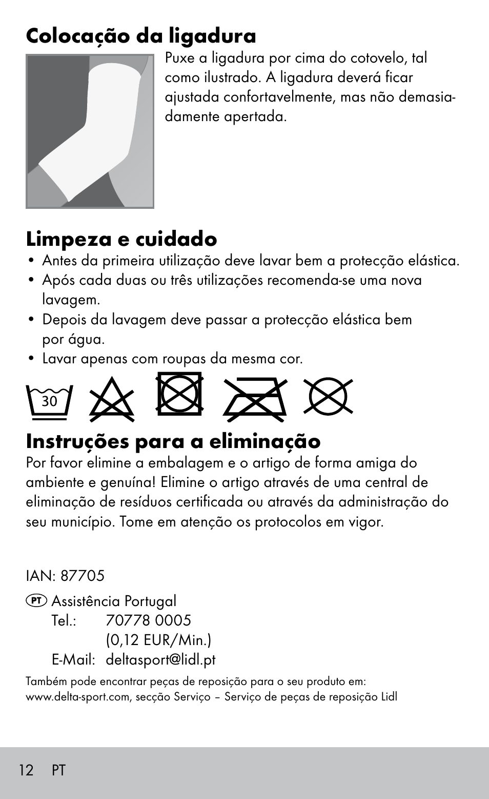 Colocação da ligadura, Limpeza e cuidado, Instruções para a eliminação | Sensiplast Elbow support bandage User Manual | Page 12 / 20