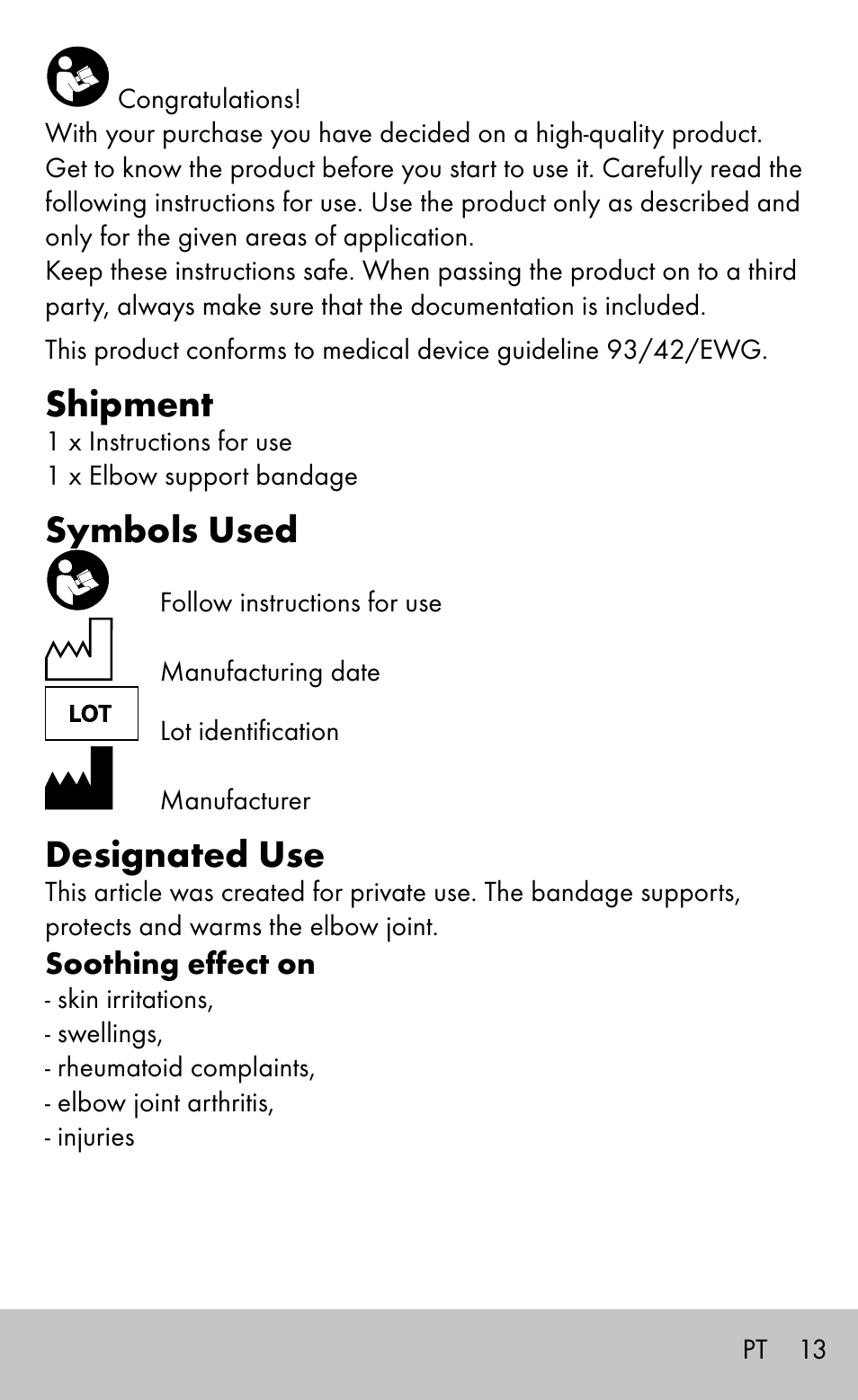 Shipment, Symbols used, Designated use | Sensiplast Elbow support bandage User Manual | Page 13 / 20