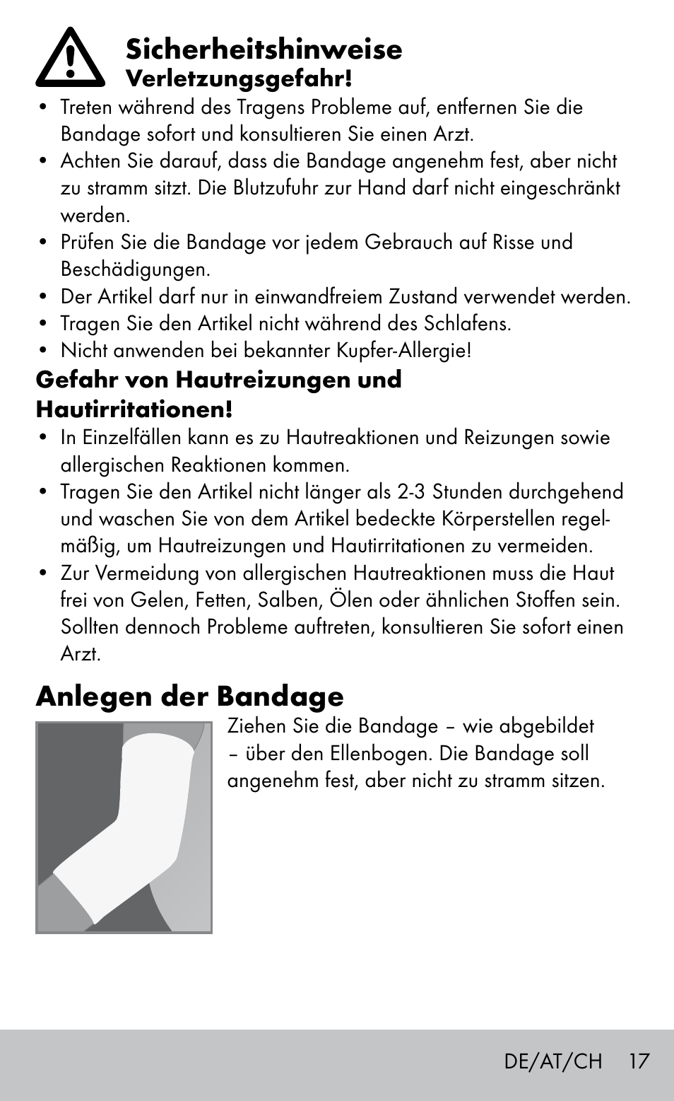 Sicherheitshinweise, Anlegen der bandage | Sensiplast Elbow support bandage User Manual | Page 17 / 20