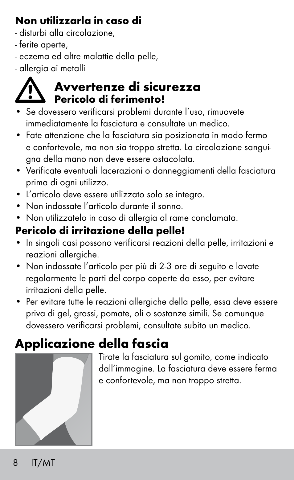 Avvertenze di sicurezza, Applicazione della fascia | Sensiplast Elbow support bandage User Manual | Page 8 / 20