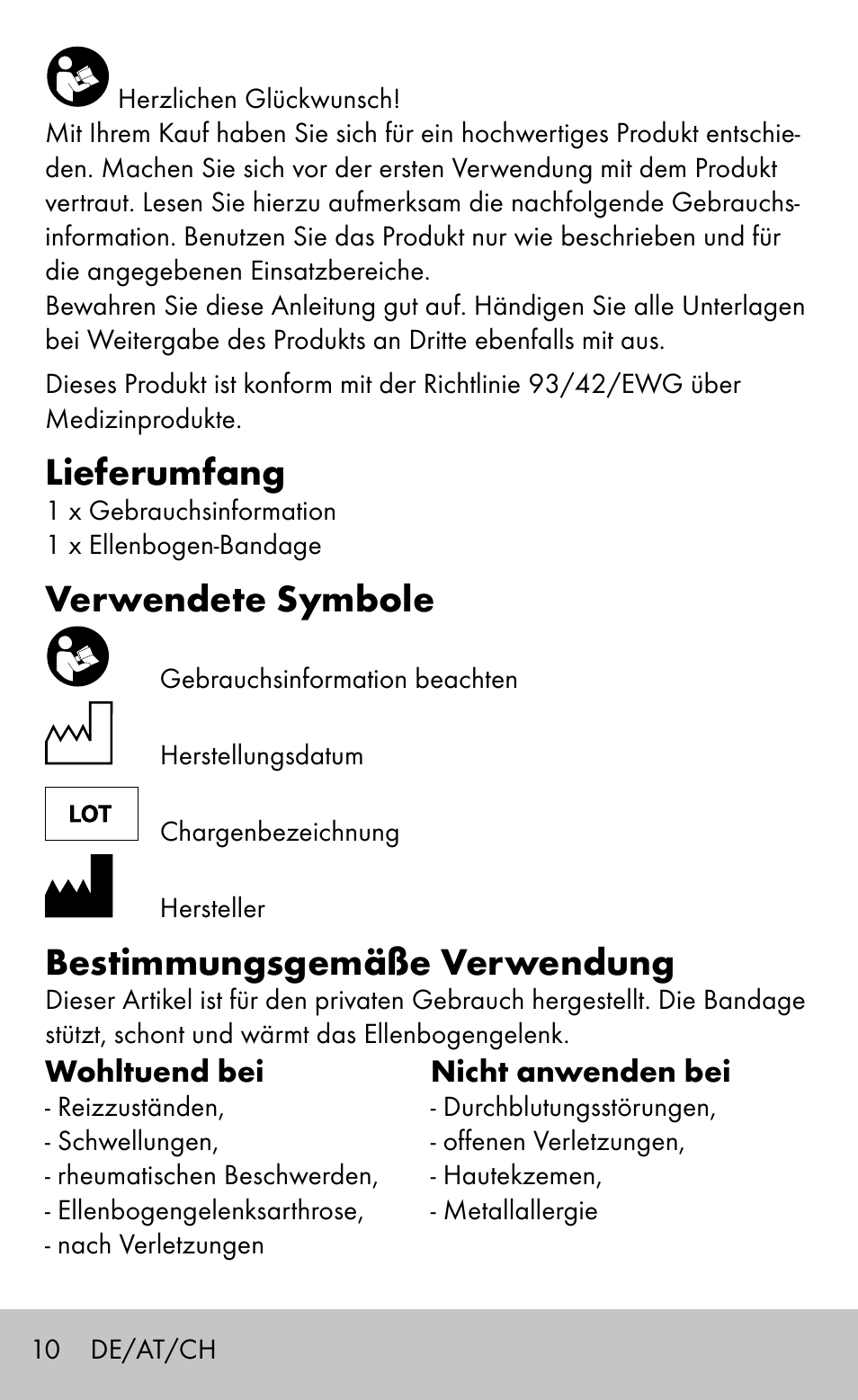 Lieferumfang, Verwendete symbole, Bestimmungsgemäße verwendung | Sensiplast Elbow support bandage User Manual | Page 10 / 16