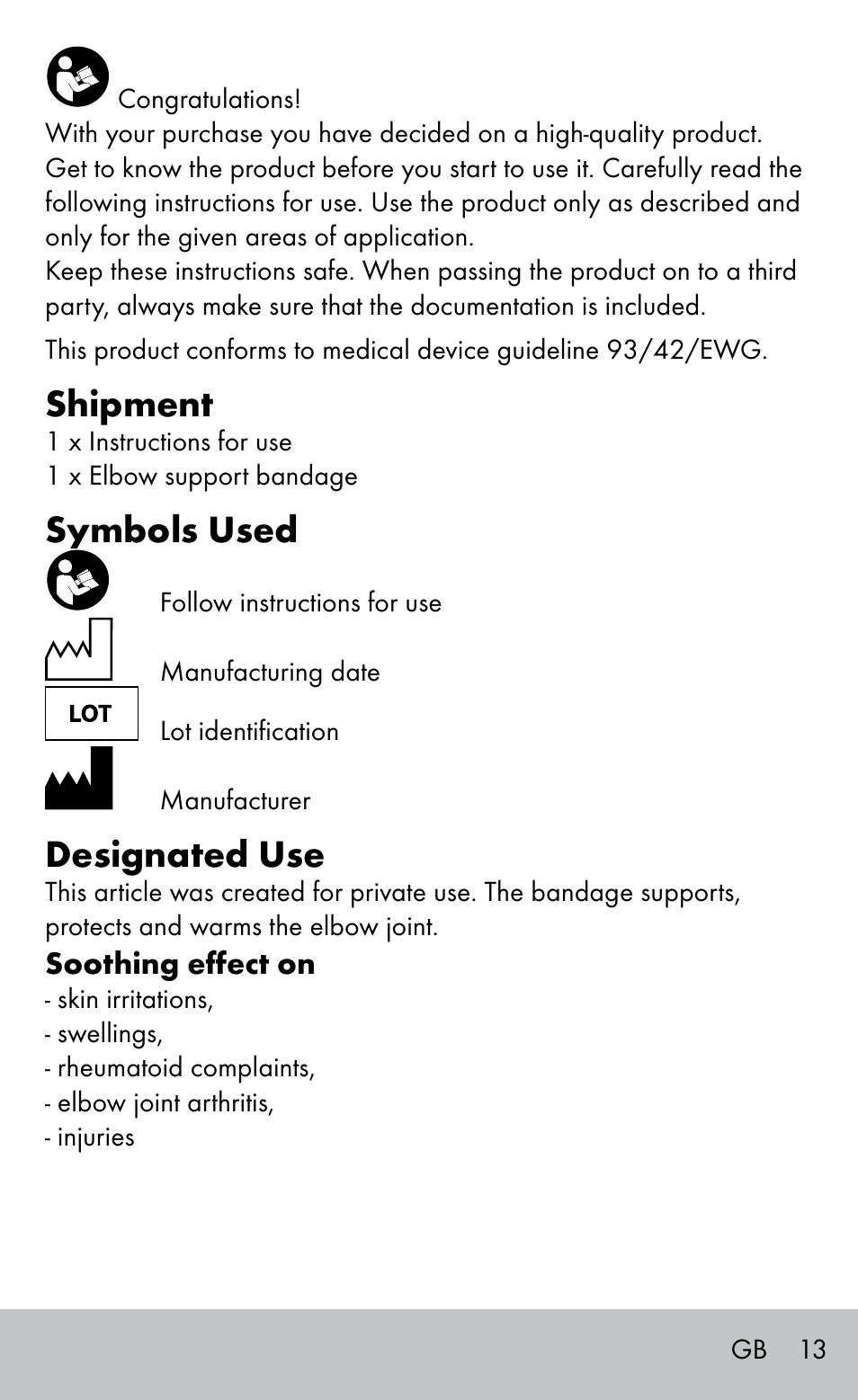 Shipment, Symbols used, Designated use | Sensiplast Elbow support bandage User Manual | Page 13 / 16