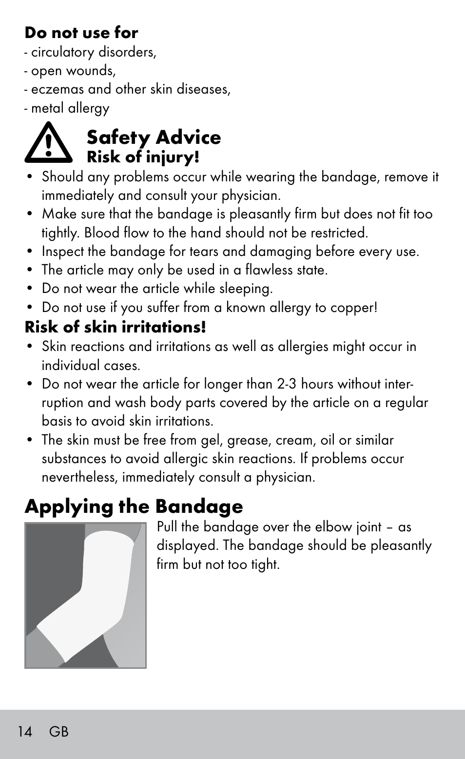 Safety advice, Applying the bandage | Sensiplast Elbow support bandage User Manual | Page 14 / 16