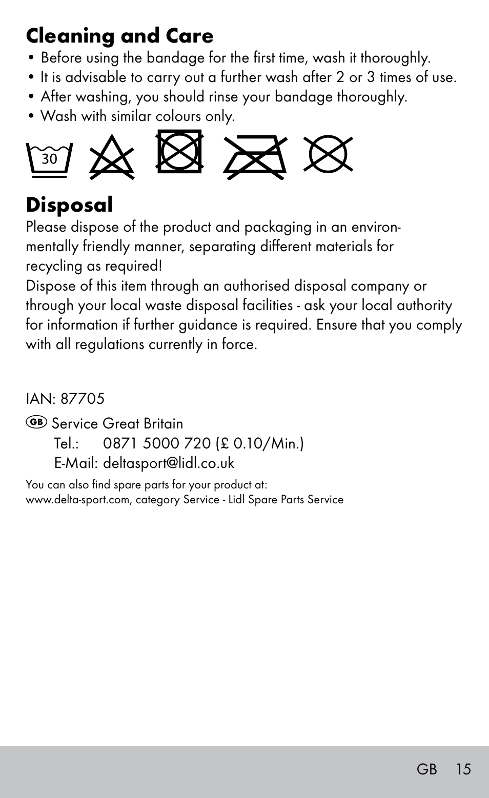 Cleaning and care, Disposal | Sensiplast Elbow support bandage User Manual | Page 15 / 16