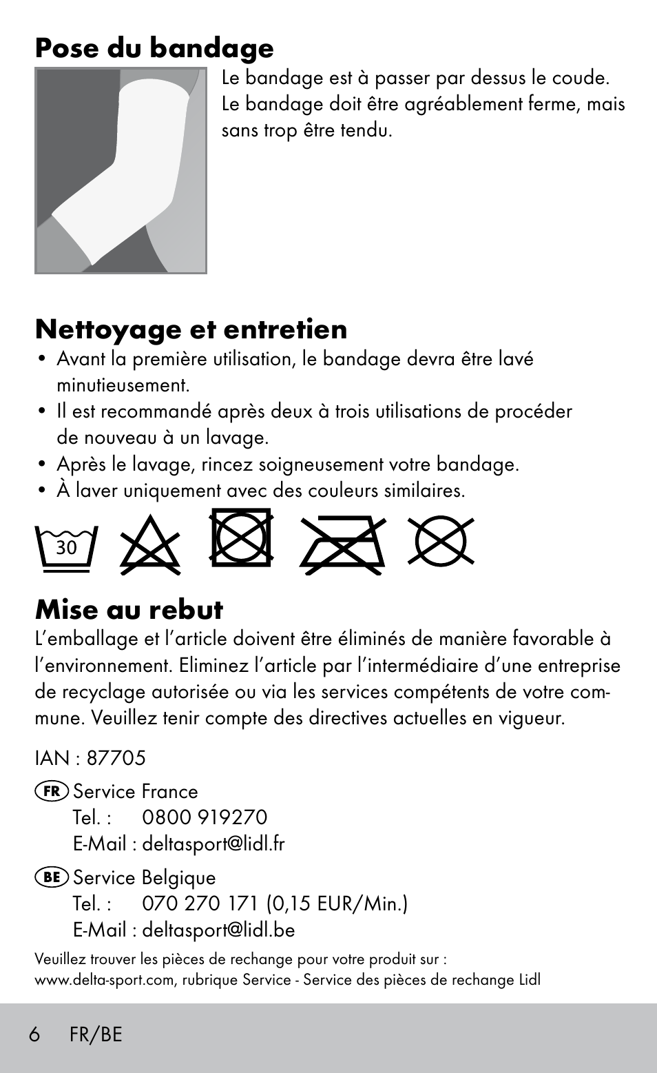 Pose du bandage, Nettoyage et entretien, Mise au rebut | Sensiplast Elbow support bandage User Manual | Page 6 / 16