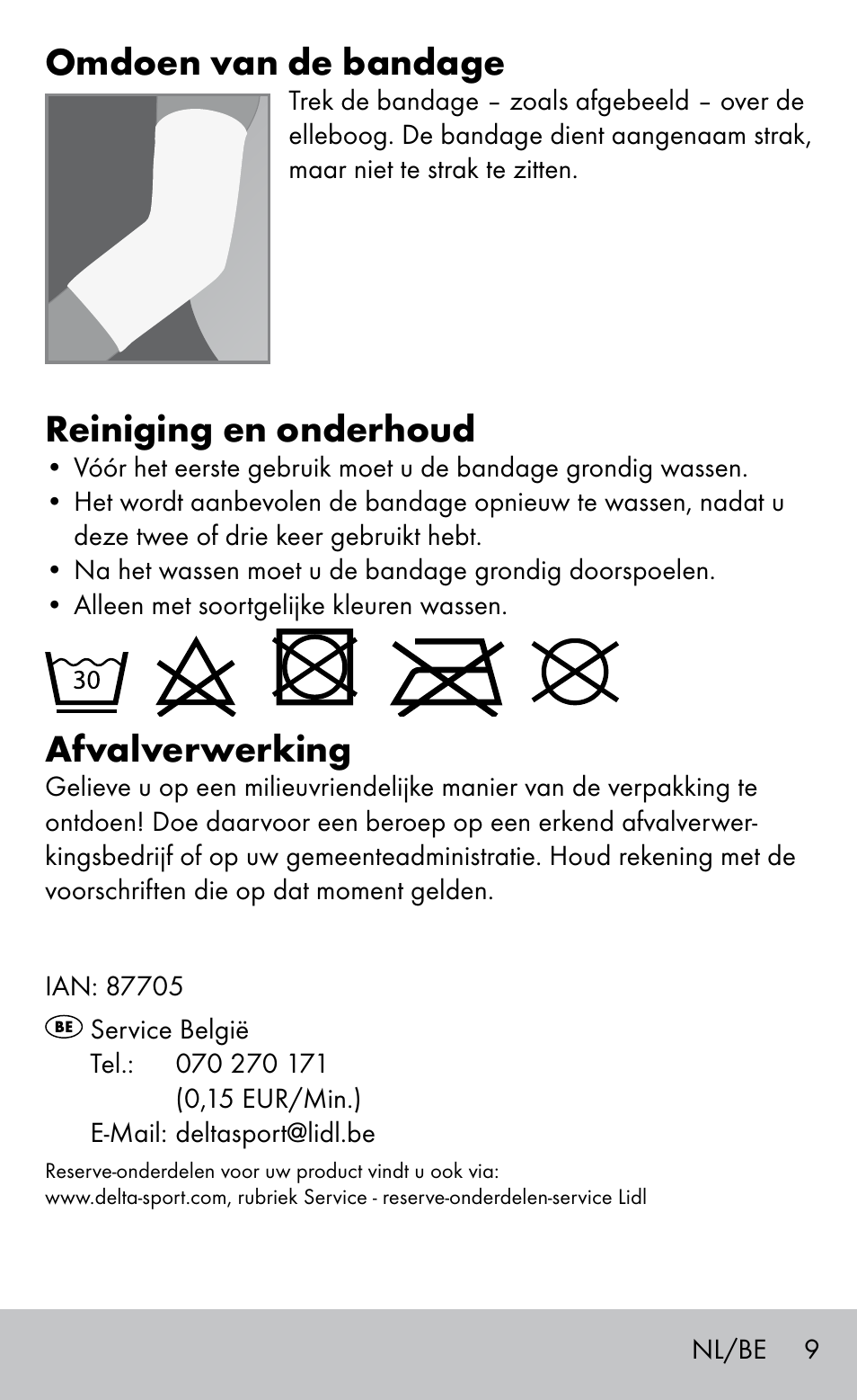 Omdoen van de bandage, Reiniging en onderhoud, Afvalverwerking | Sensiplast Elbow support bandage User Manual | Page 9 / 16