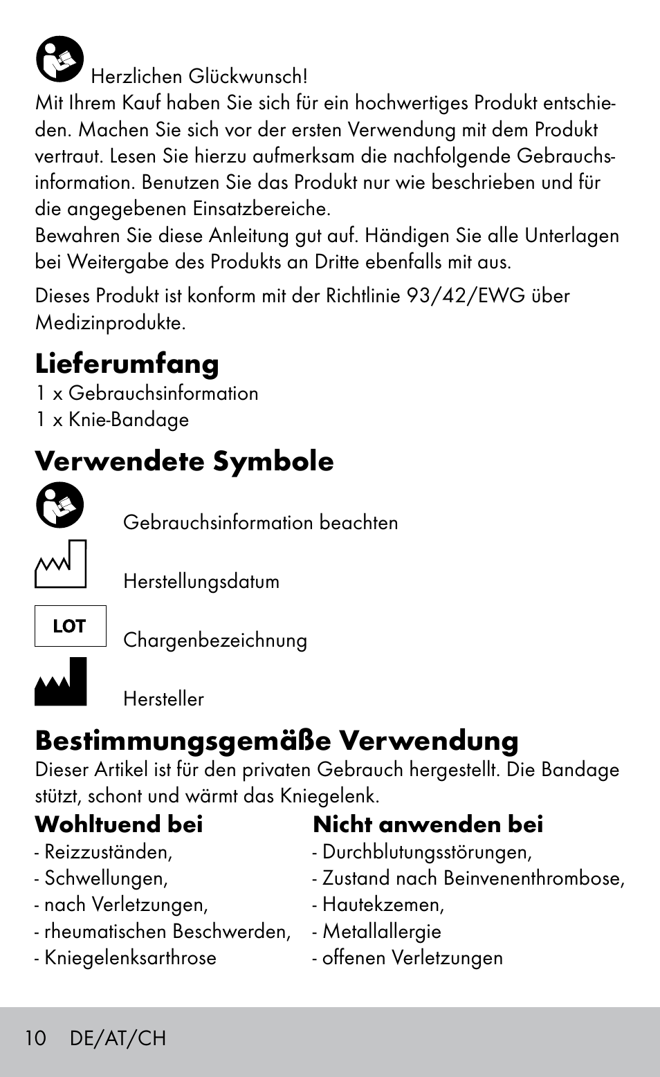 Lieferumfang, Verwendete symbole, Bestimmungsgemäße verwendung | Sensiplast Knee support bandage User Manual | Page 10 / 16