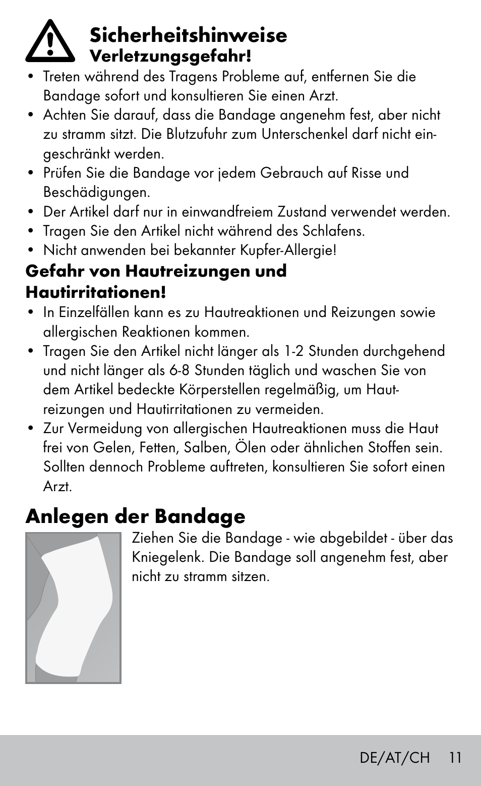Sicherheitshinweise, Anlegen der bandage | Sensiplast Knee support bandage User Manual | Page 11 / 16