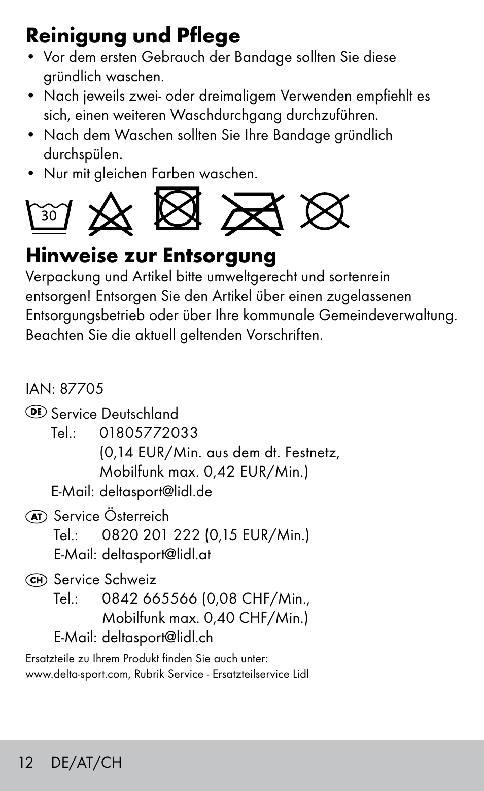 Reinigung und pflege, Hinweise zur entsorgung | Sensiplast Knee support bandage User Manual | Page 12 / 16