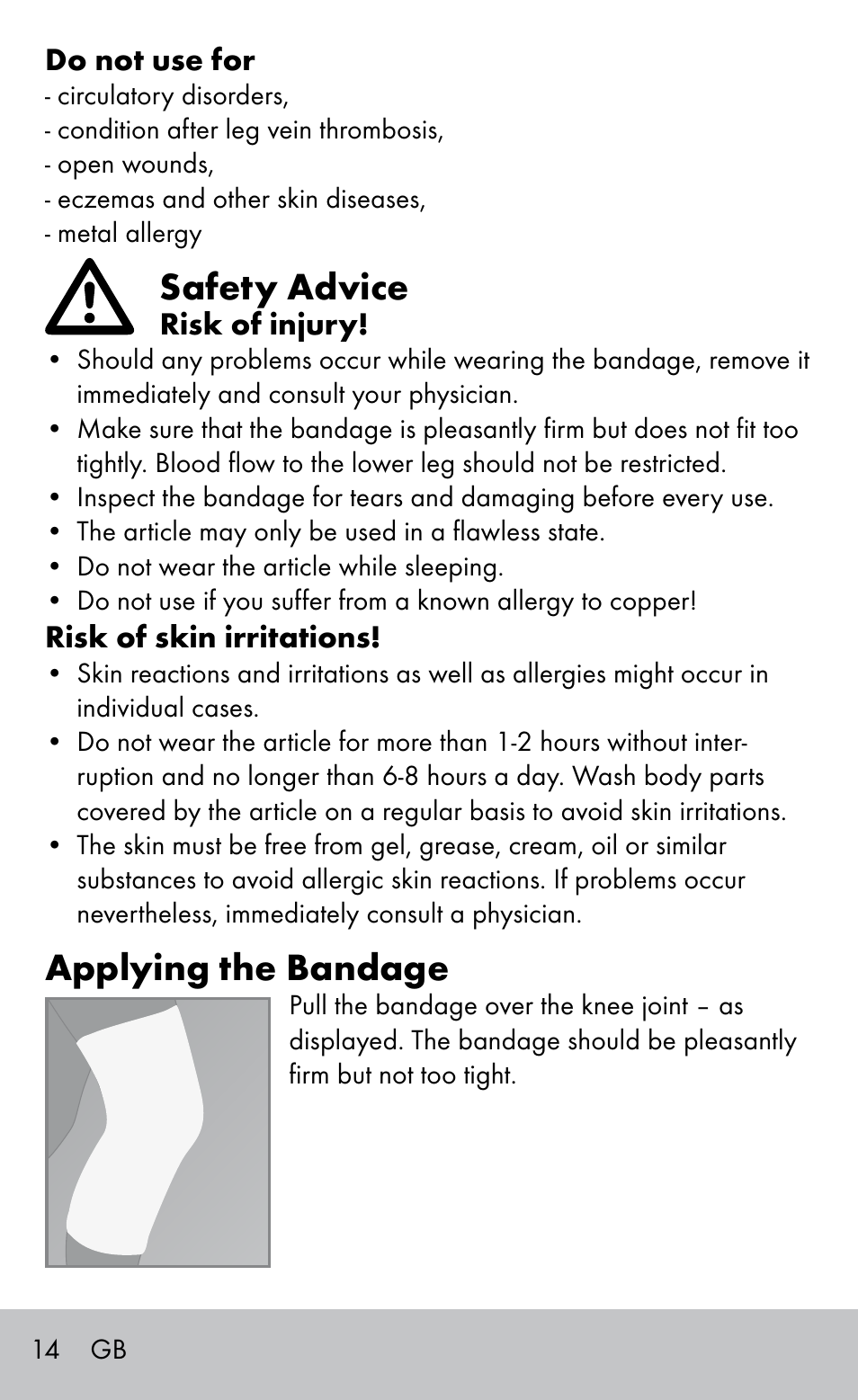 Safety advice, Applying the bandage | Sensiplast Knee support bandage User Manual | Page 14 / 16