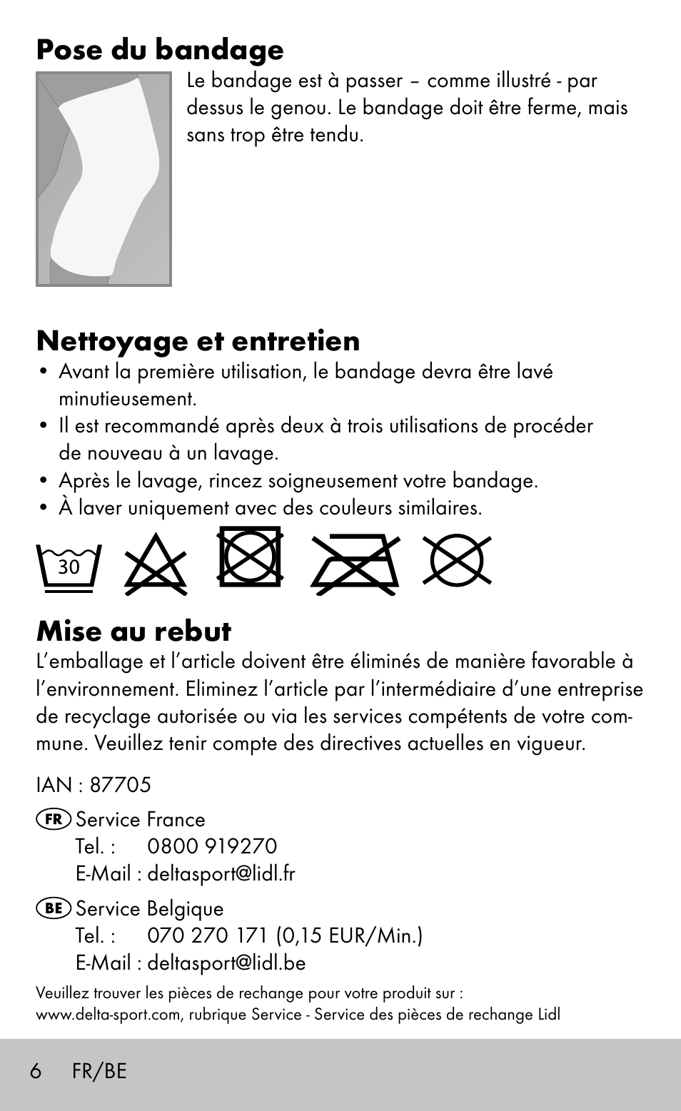 Pose du bandage, Nettoyage et entretien, Mise au rebut | Sensiplast Knee support bandage User Manual | Page 6 / 16