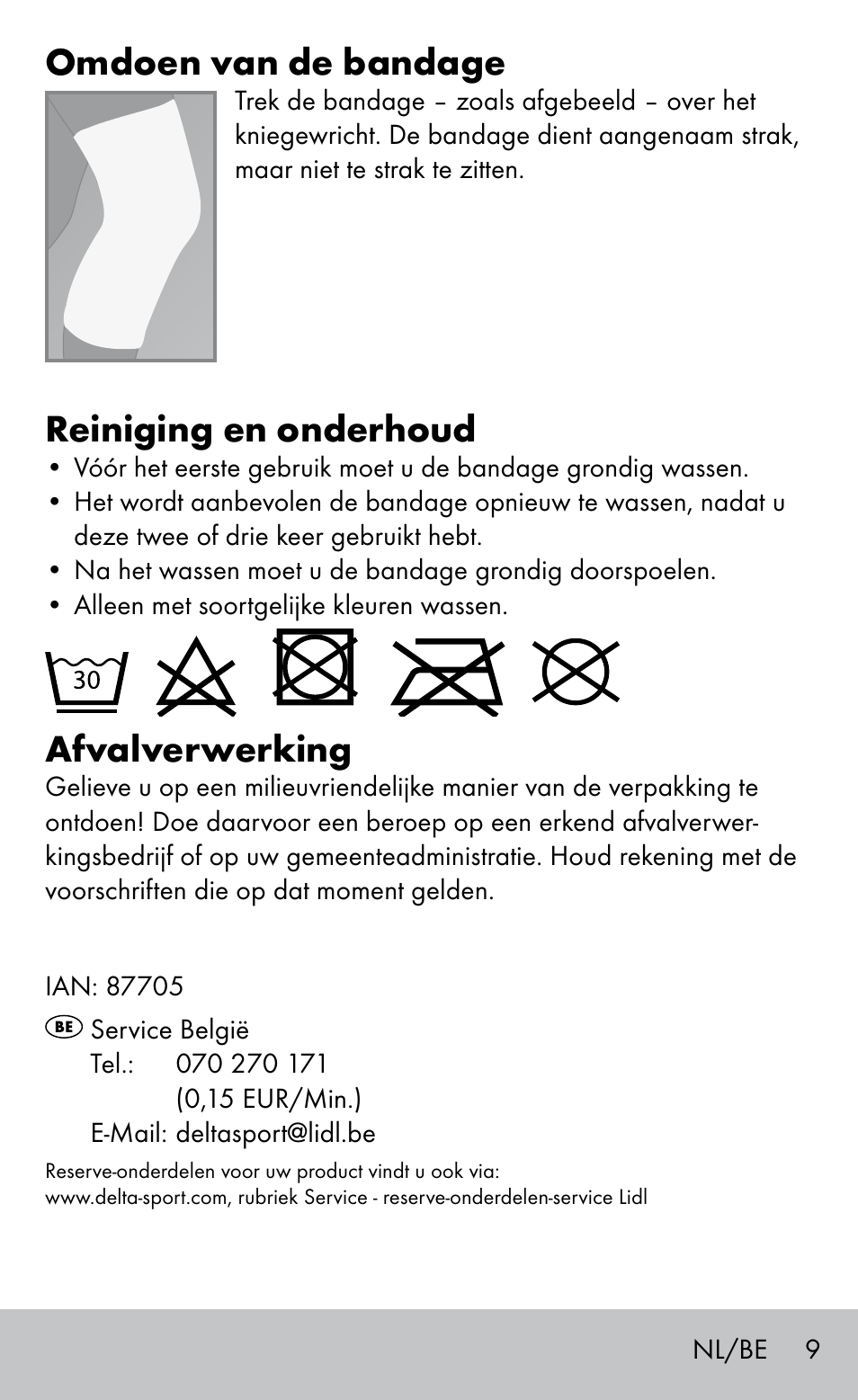 Omdoen van de bandage, Reiniging en onderhoud, Afvalverwerking | Sensiplast Knee support bandage User Manual | Page 9 / 16