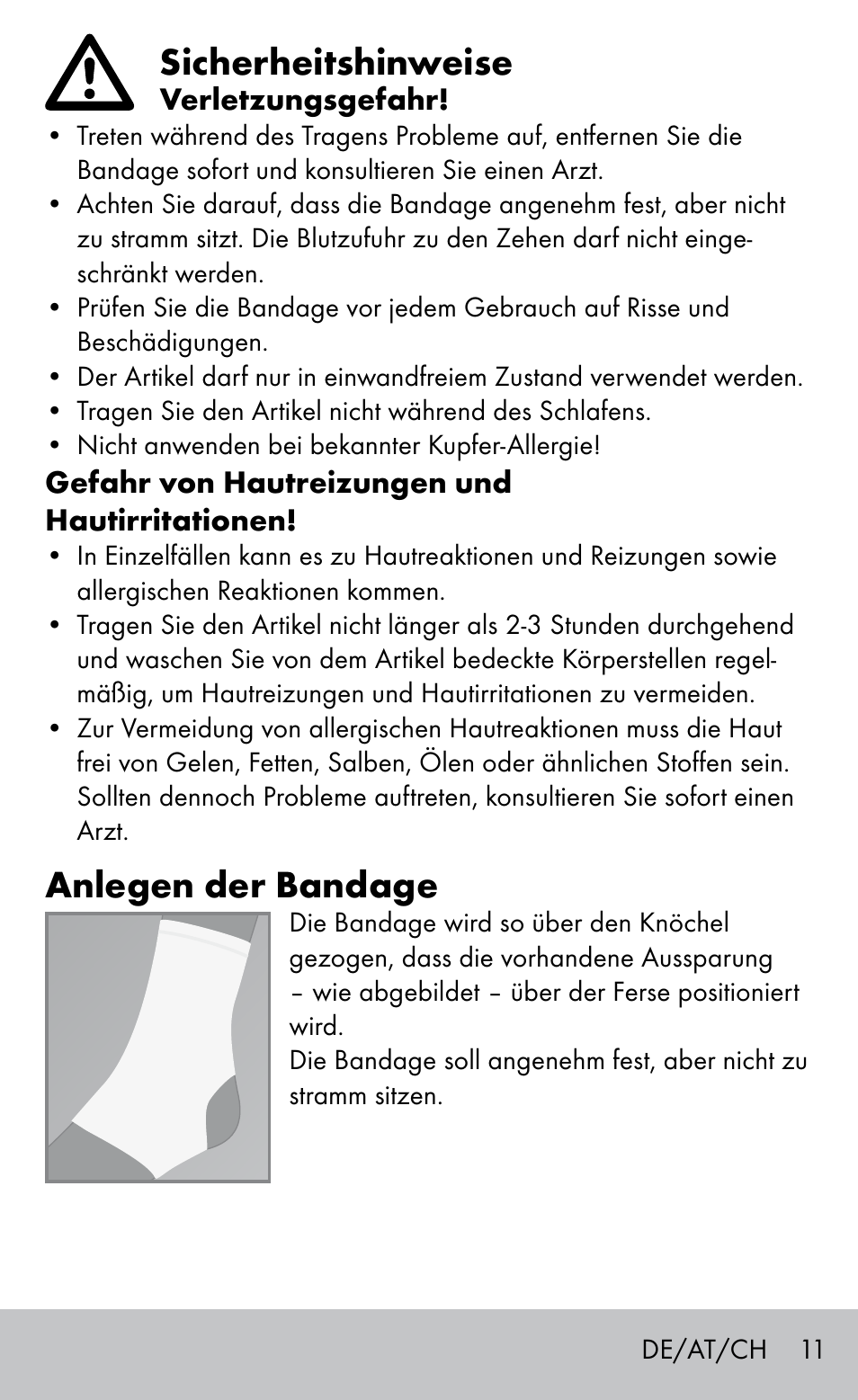 Sicherheitshinweise, Anlegen der bandage | Sensiplast Ankle Support Bandage User Manual | Page 11 / 16