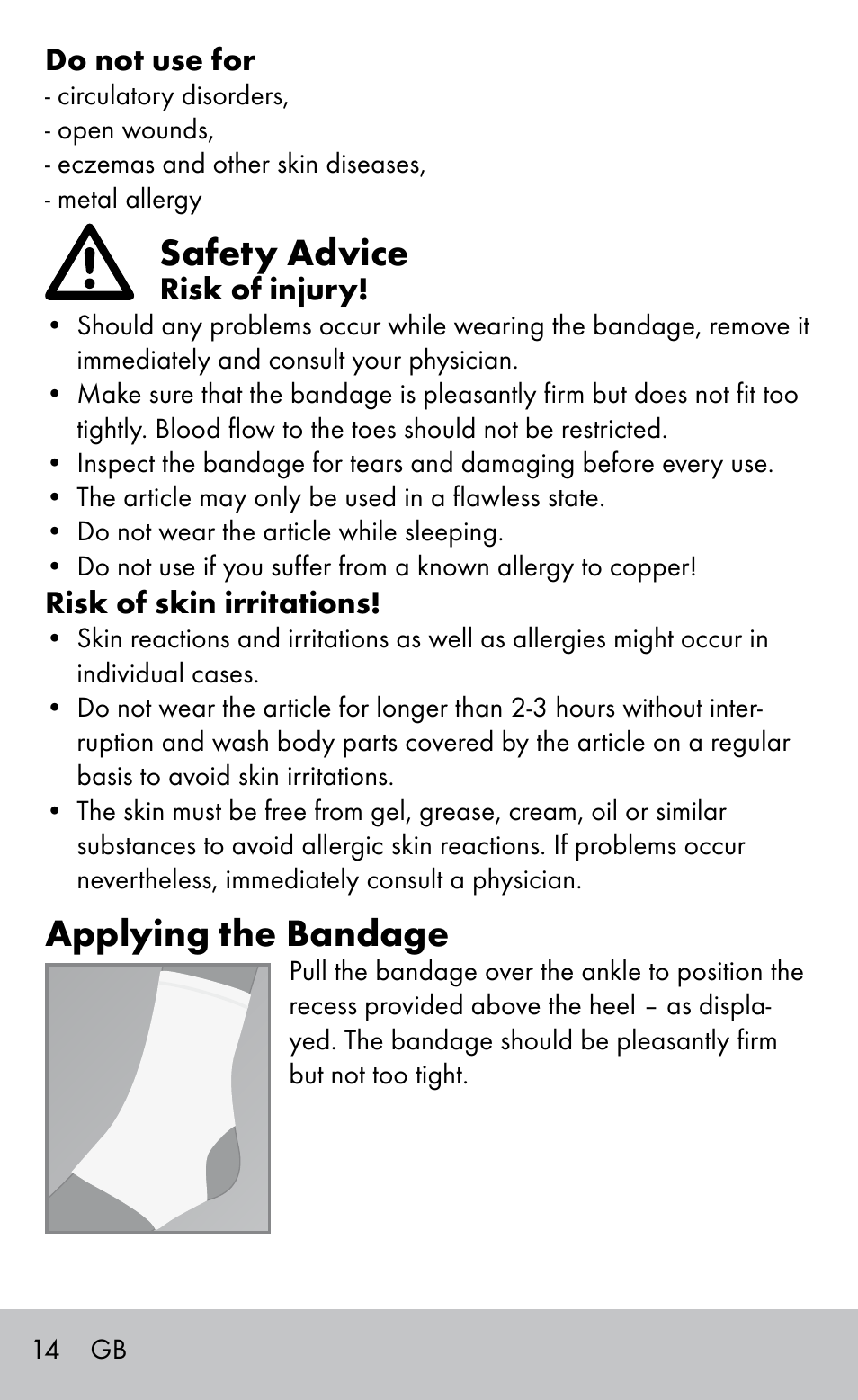 Safety advice, Applying the bandage | Sensiplast Ankle Support Bandage User Manual | Page 14 / 16