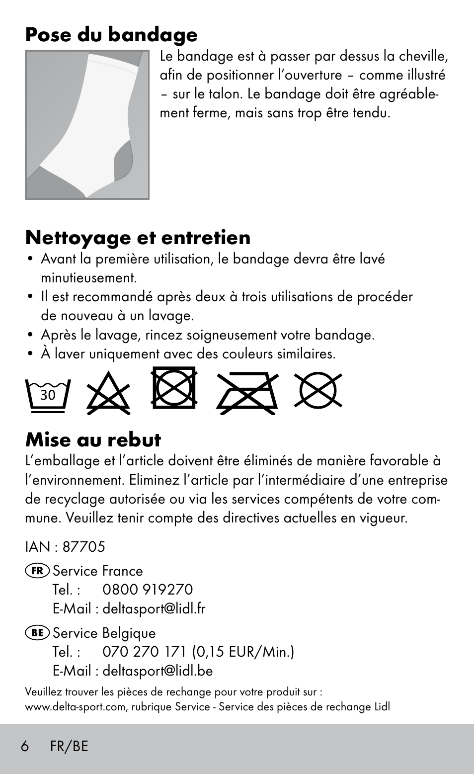 Pose du bandage, Nettoyage et entretien, Mise au rebut | Sensiplast Ankle Support Bandage User Manual | Page 6 / 16