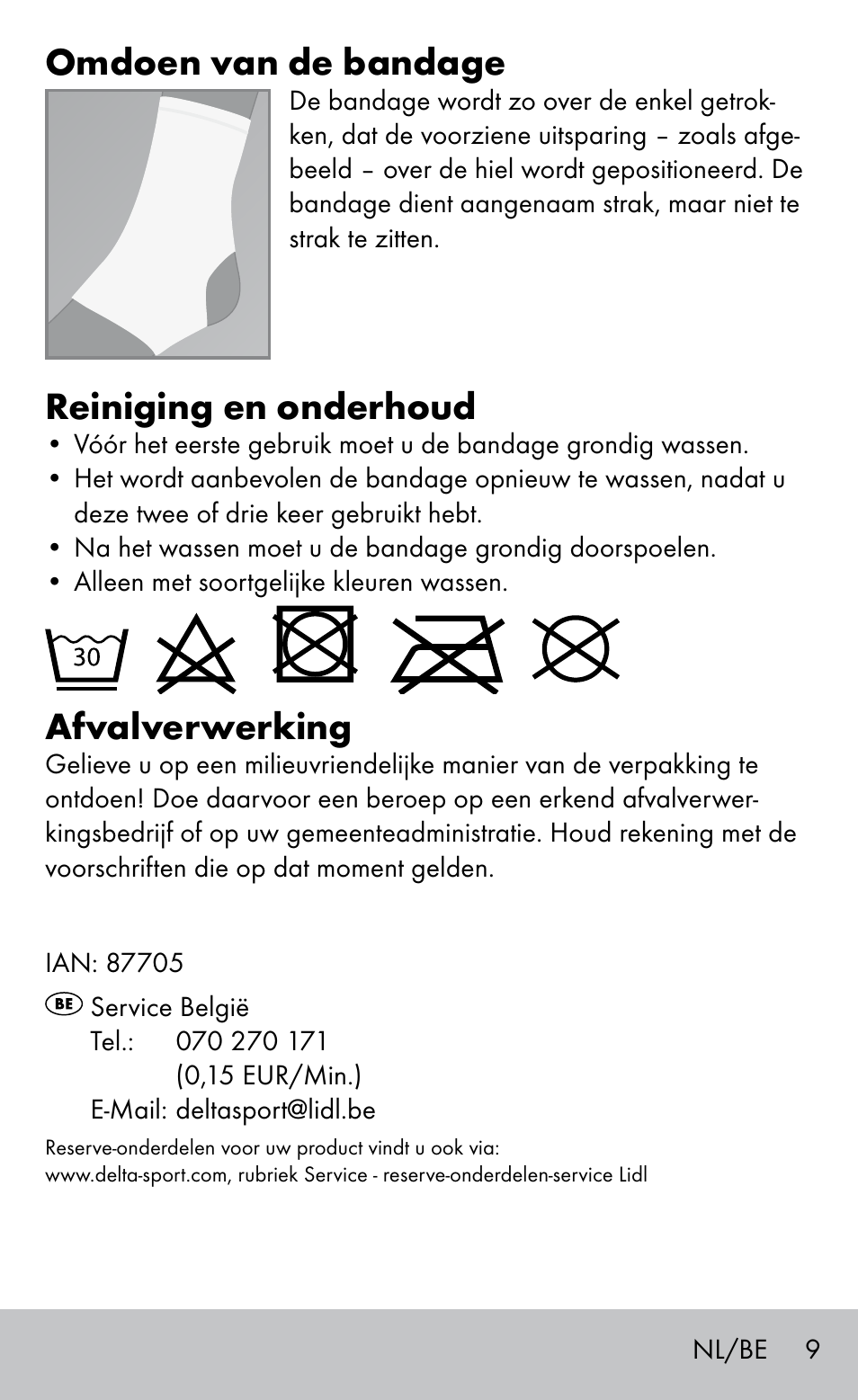 Omdoen van de bandage, Reiniging en onderhoud, Afvalverwerking | Sensiplast Ankle Support Bandage User Manual | Page 9 / 16