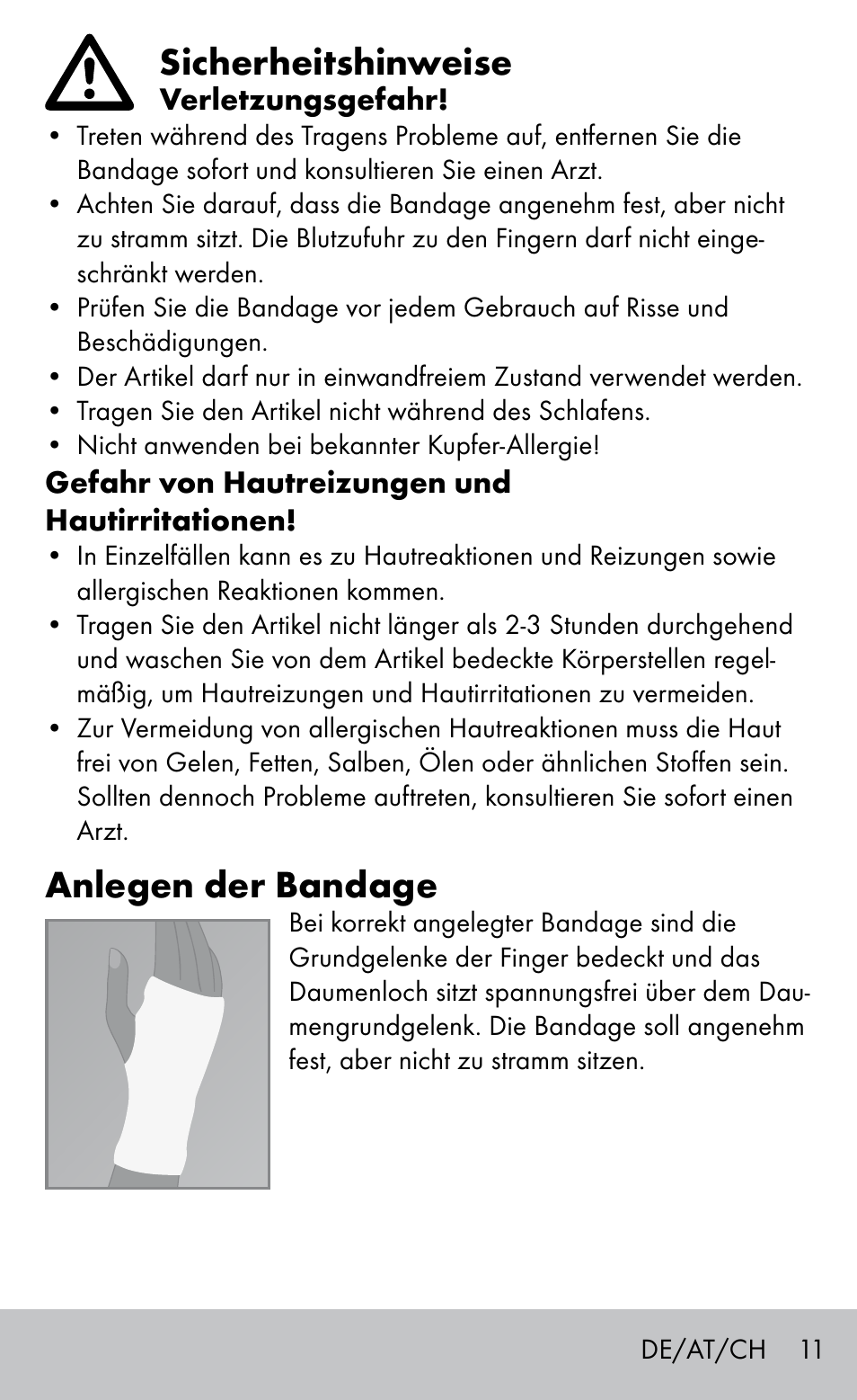 Sicherheitshinweise, Anlegen der bandage | Sensiplast Wrist support bandage User Manual | Page 11 / 16