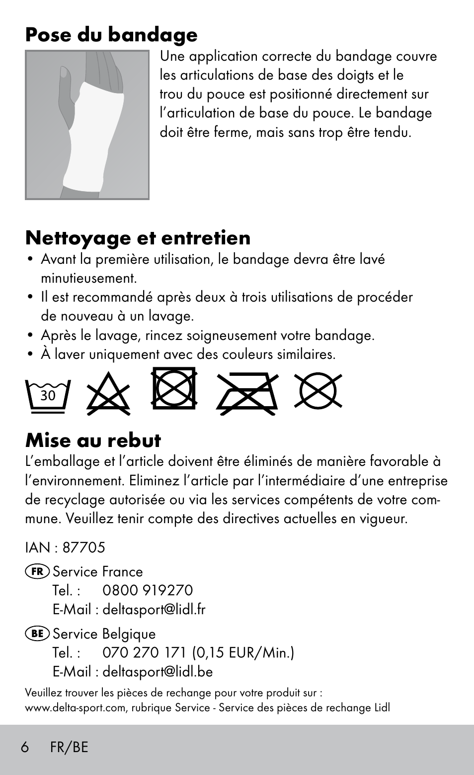 Pose du bandage, Nettoyage et entretien, Mise au rebut | Sensiplast Wrist support bandage User Manual | Page 6 / 16