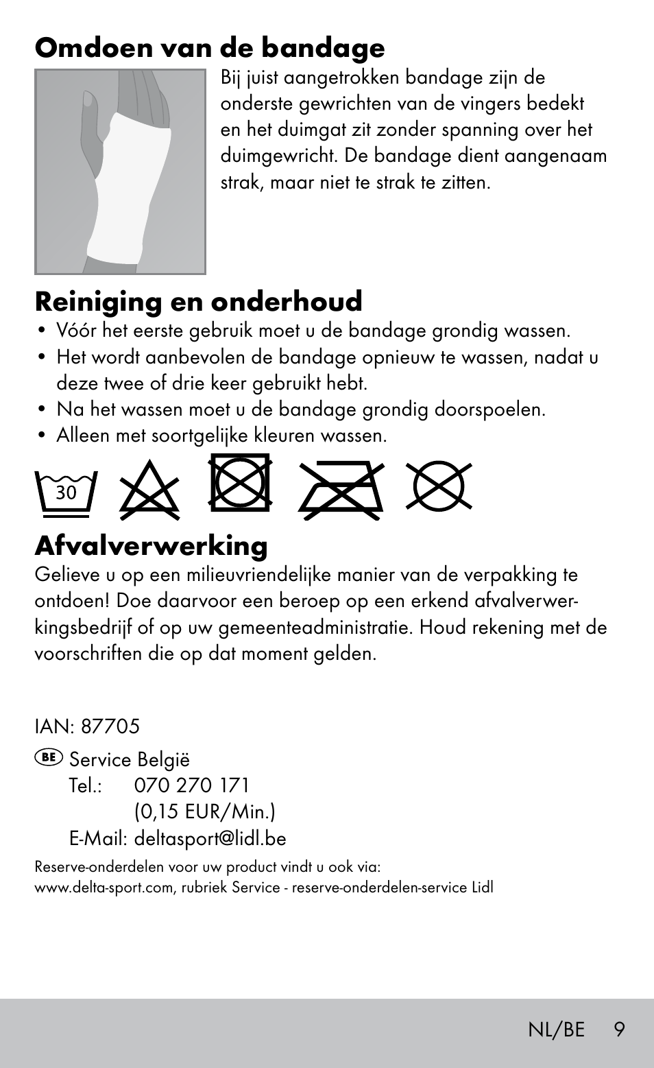 Omdoen van de bandage, Reiniging en onderhoud, Afvalverwerking | Sensiplast Wrist support bandage User Manual | Page 9 / 16