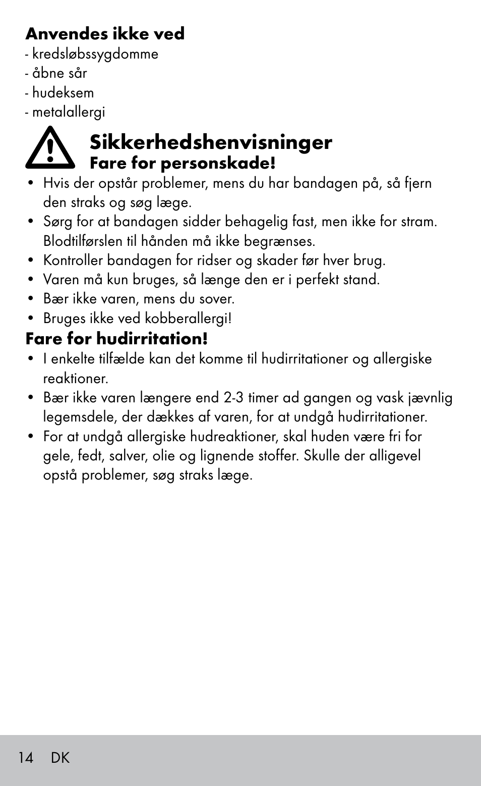 Sikkerhedshenvisninger | Sensiplast Elbow support bandage User Manual | Page 14 / 28