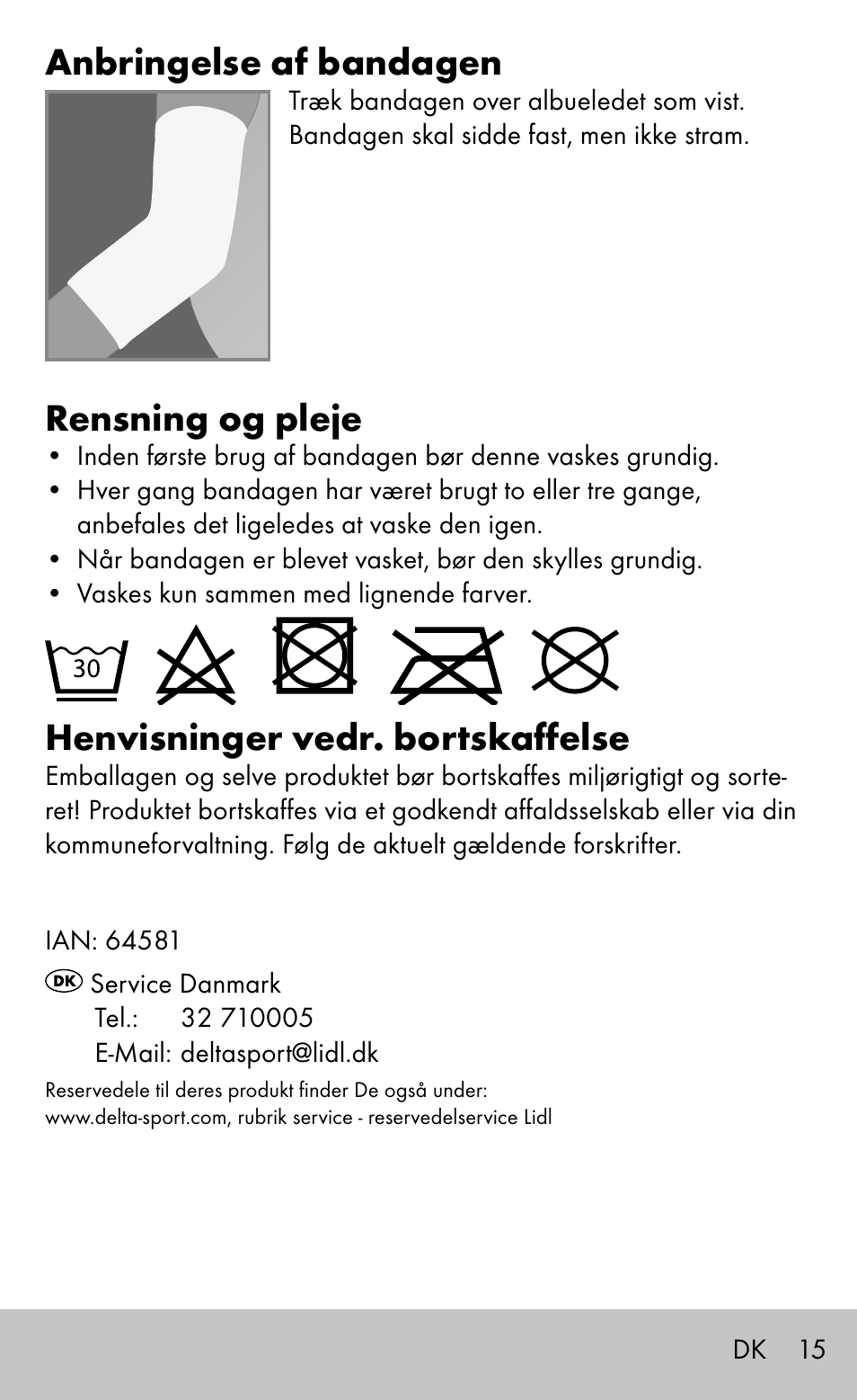 Anbringelse af bandagen, Rensning og pleje, Henvisninger vedr. bortskaffelse | Sensiplast Elbow support bandage User Manual | Page 15 / 28
