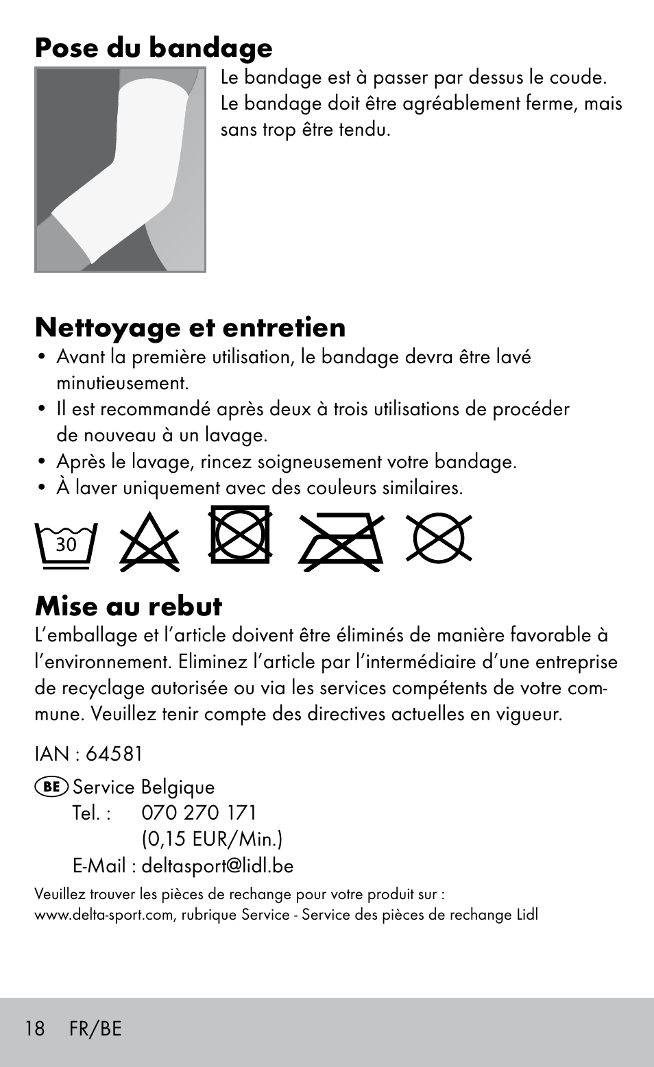 Pose du bandage, Nettoyage et entretien, Mise au rebut | Sensiplast Elbow support bandage User Manual | Page 18 / 28