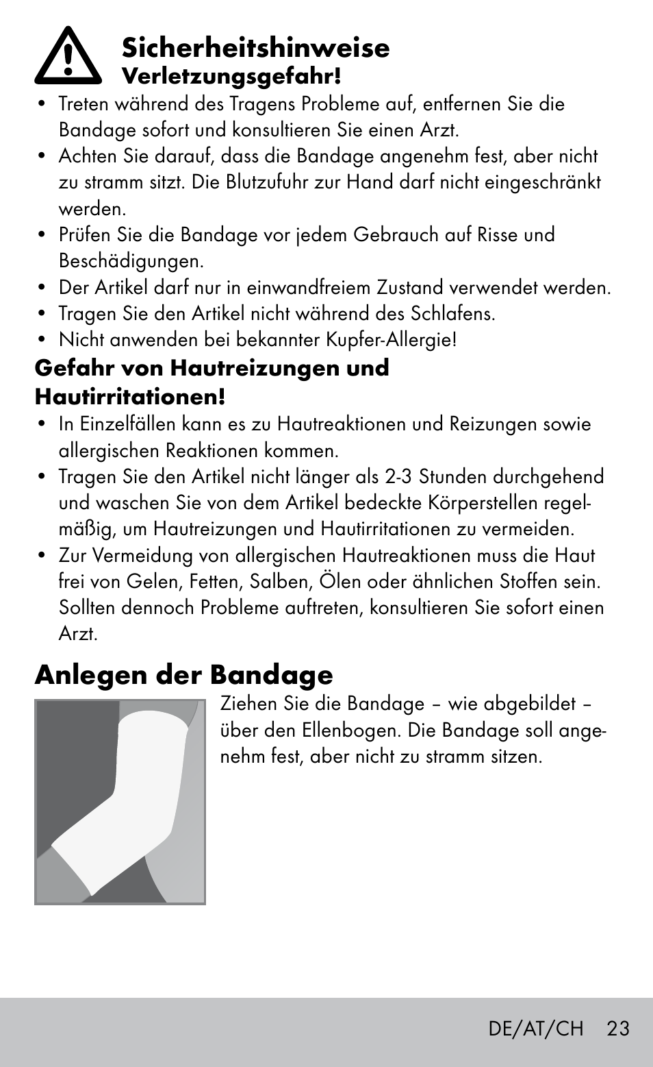 Sicherheitshinweise, Anlegen der bandage | Sensiplast Elbow support bandage User Manual | Page 23 / 28
