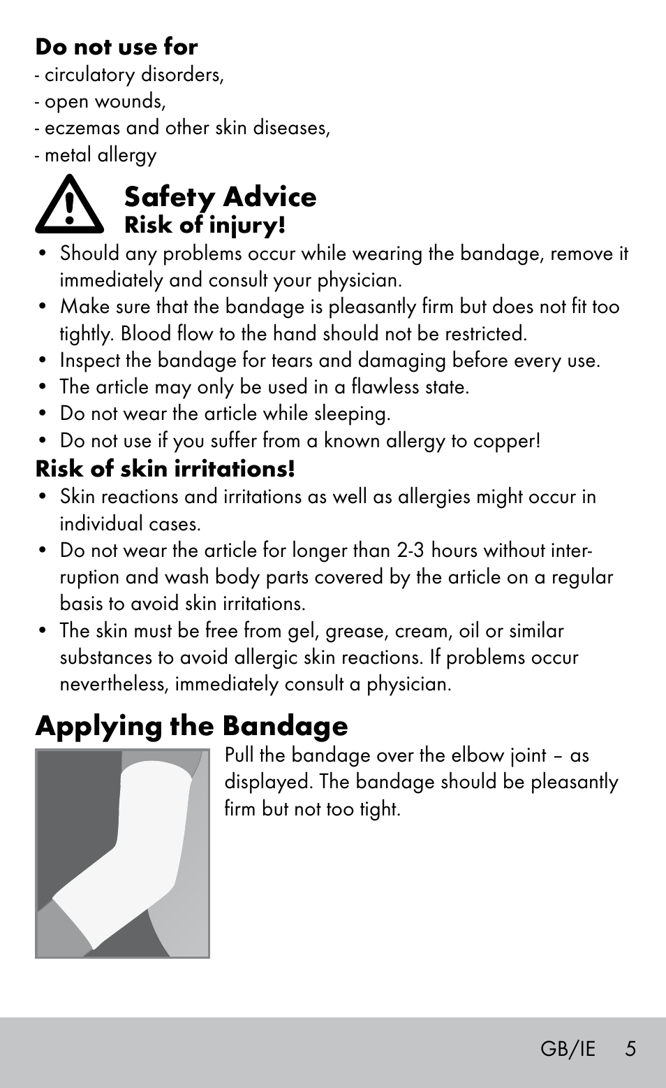 Safety advice, Applying the bandage | Sensiplast Elbow support bandage User Manual | Page 5 / 28