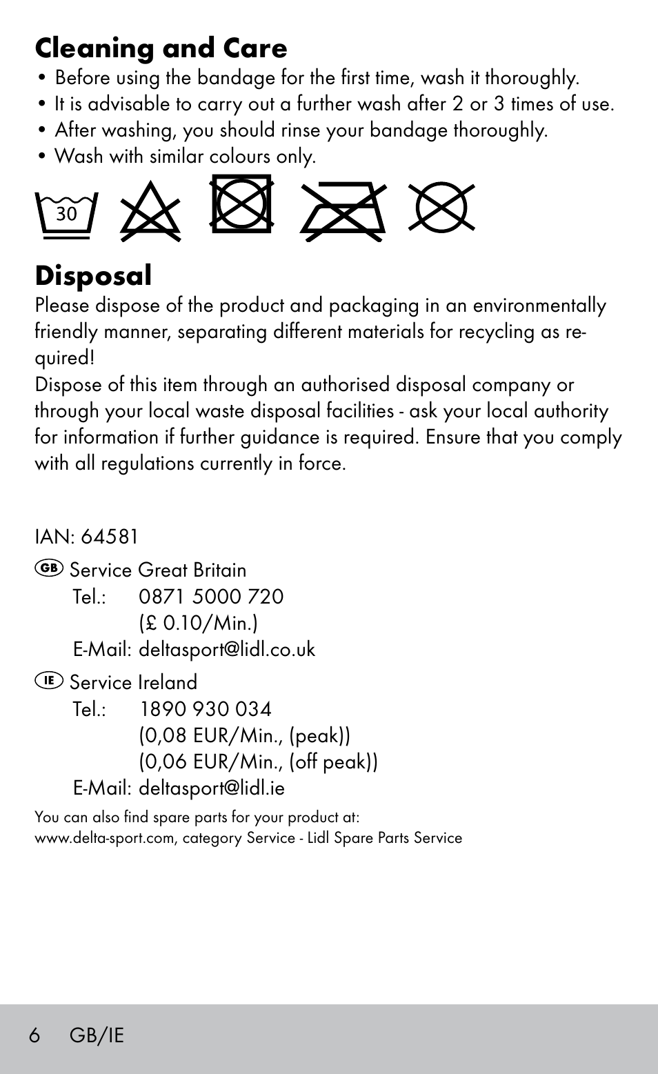 Cleaning and care, Disposal | Sensiplast Elbow support bandage User Manual | Page 6 / 28