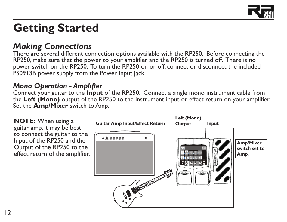 Getting started, Making connections | DigiTech RP250 User Manual | Page 18 / 56