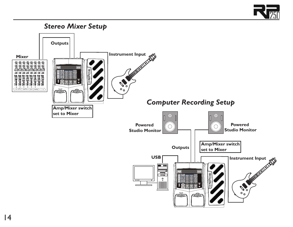 Stereo mixer setup computer recording setup | DigiTech RP250 User Manual | Page 20 / 56