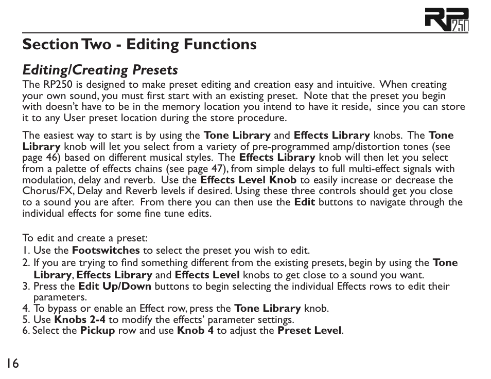 Editing/creating presets | DigiTech RP250 User Manual | Page 22 / 56