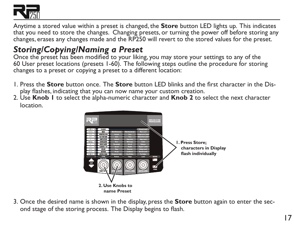 Storing/copying/naming a preset | DigiTech RP250 User Manual | Page 23 / 56
