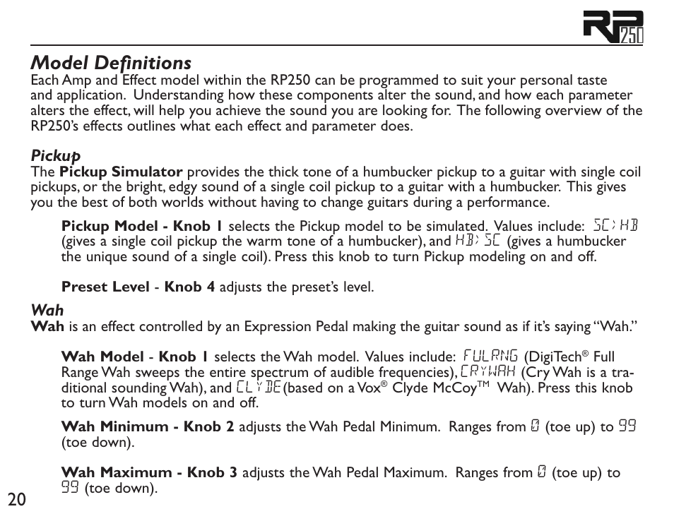 Model definitions | DigiTech RP250 User Manual | Page 26 / 56