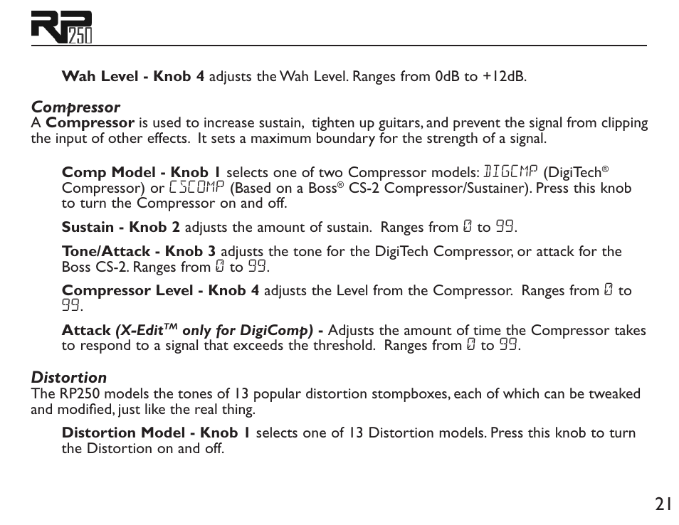 Compressor, Distortion | DigiTech RP250 User Manual | Page 27 / 56