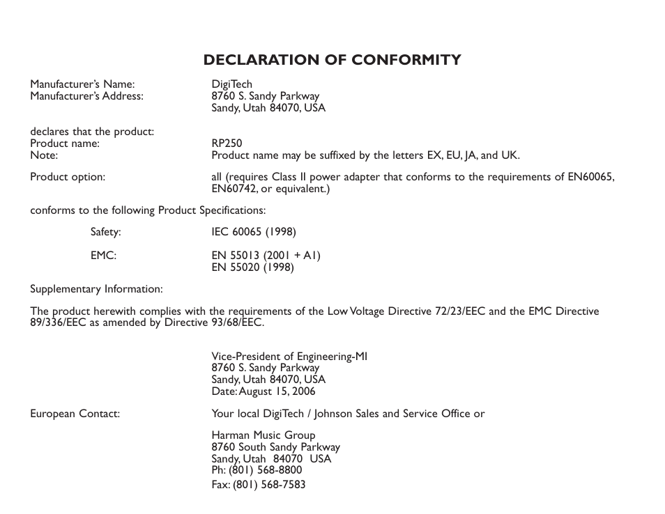 Declaration of conformity | DigiTech RP250 User Manual | Page 3 / 56