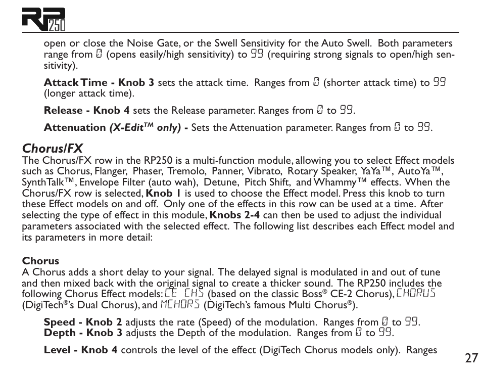 Chorus/fx | DigiTech RP250 User Manual | Page 33 / 56