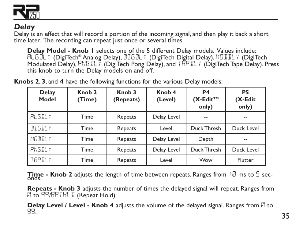 35 delay | DigiTech RP250 User Manual | Page 41 / 56