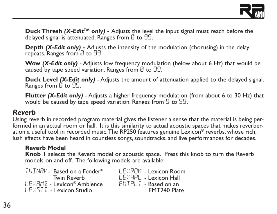 Reverb | DigiTech RP250 User Manual | Page 42 / 56
