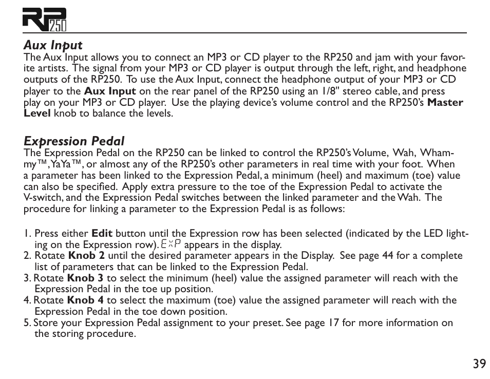 39 aux input, Expression pedal | DigiTech RP250 User Manual | Page 45 / 56