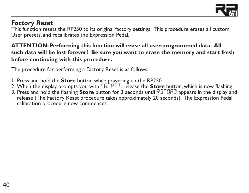 40 factory reset | DigiTech RP250 User Manual | Page 46 / 56