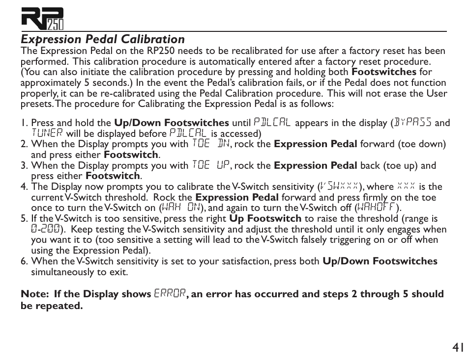 41 expression pedal calibration | DigiTech RP250 User Manual | Page 47 / 56