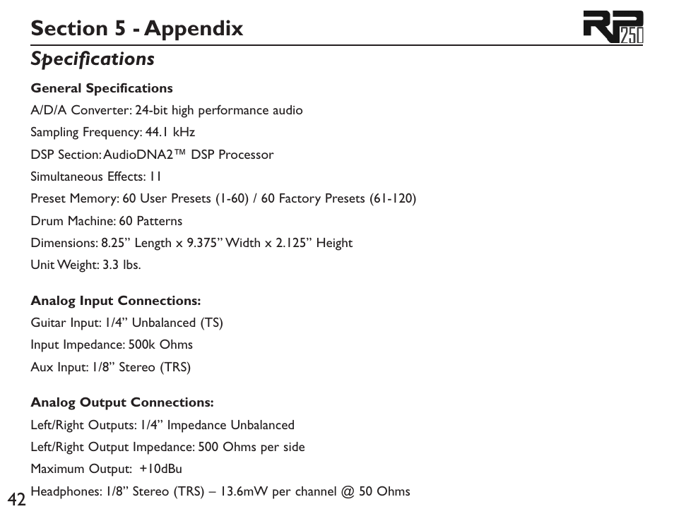 Specifications | DigiTech RP250 User Manual | Page 48 / 56