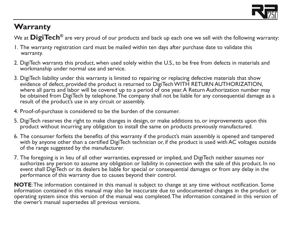 Warranty, Digitech | DigiTech RP250 User Manual | Page 6 / 56